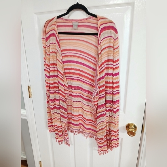 Chico's Sweaters - Chicos Pink Wave Striped  Women's Open Cardigan With Tassels Boho Coquette XL